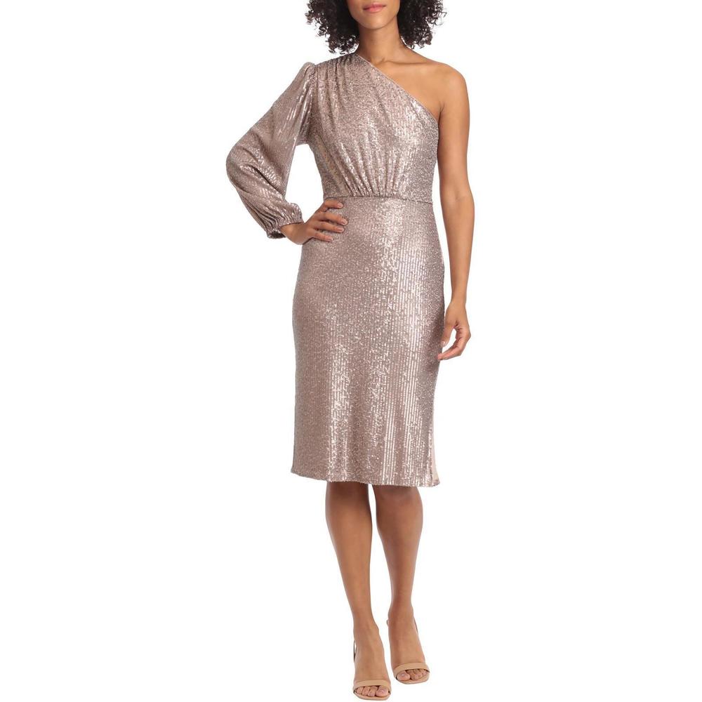 Adrianna Papell Champagne Sequin One Shoulder Midi Dress - Size 4 - Party Dress